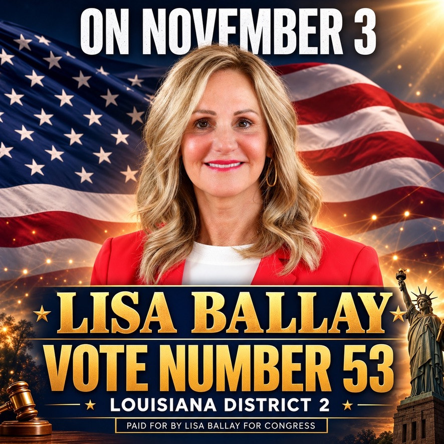 On November 3, vote number 53 &mdash; Lisa Ballay, Louisiana District 2. Paid for by Lisa Ballay for Congress.